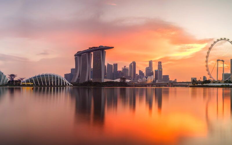 The skyline in Singapore in the sunset