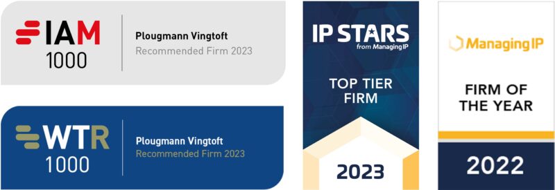 Four badges from awards Plougmann Vingtoft has won: IAM Patent 1000 recommended firm 2023, IP Stars top tier firms 2023, MIP Firm of the year 2022 and WTR 1000 Recommended Firm 2023